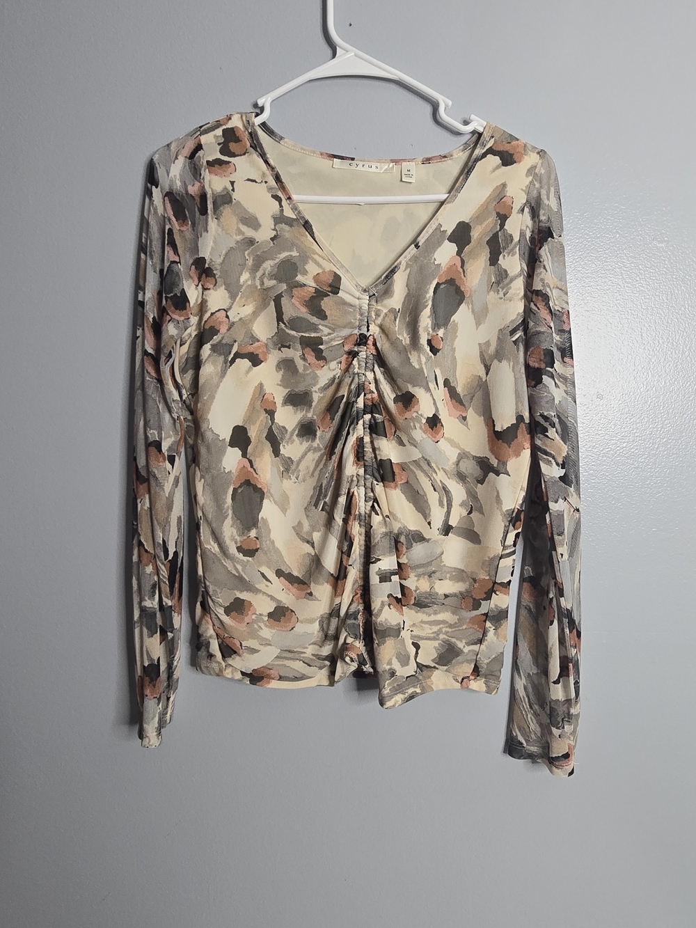 Cyrus Neutral Abstract Print Mesh Ruched V-Neck Top - Picture 1 of 6